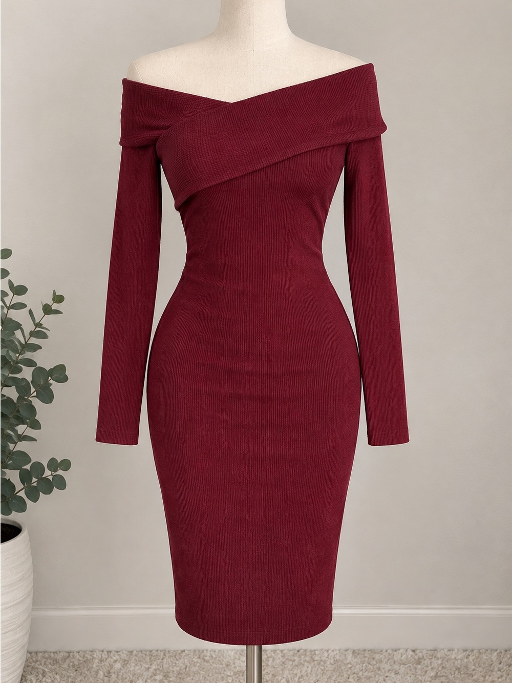 Off-Shoulder Wine Long-Sleeve Bodycon Dress
